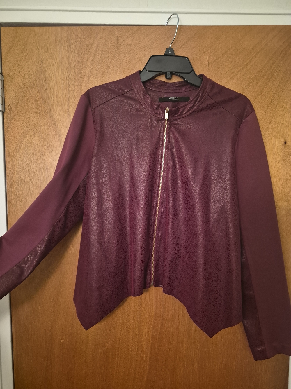 GUESS Women's Maroon Mixed-Media Faux Leather Jacket